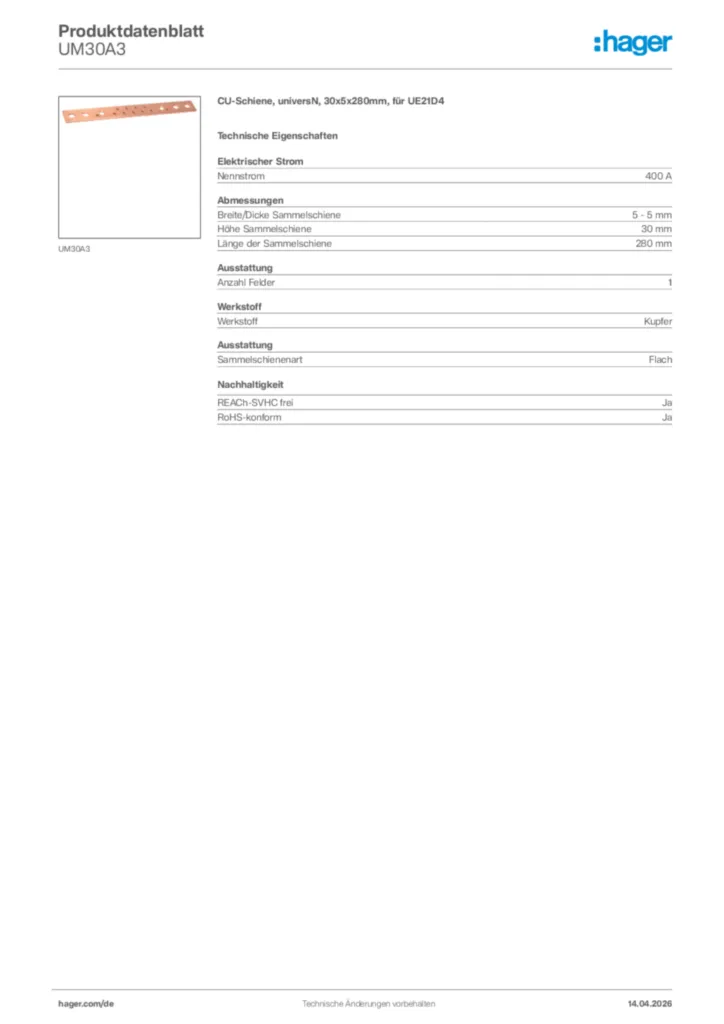 Bild Hager Produktdatenblatt UM30A3 | Hager Deutschland