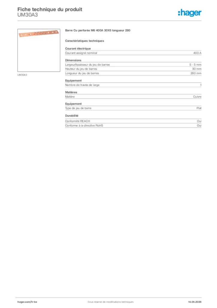 Image Hager Fiche technique du produit UM30A3 | Hager Belgique
