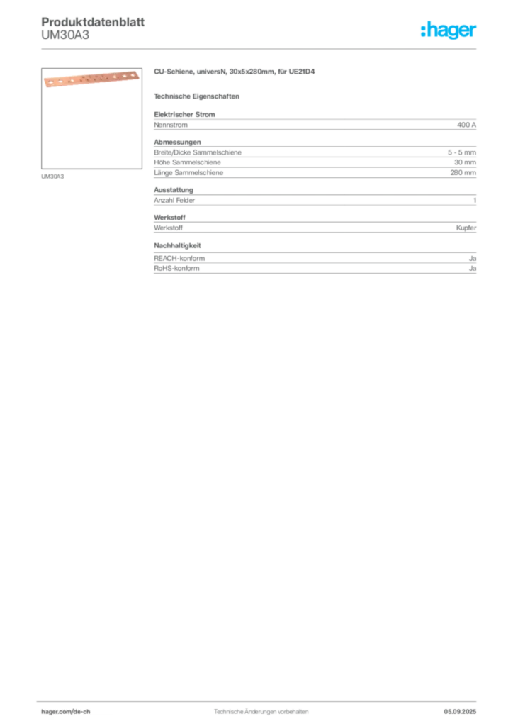 Bild Hager Produktdatenblatt UM30A3 | Hager Schweiz