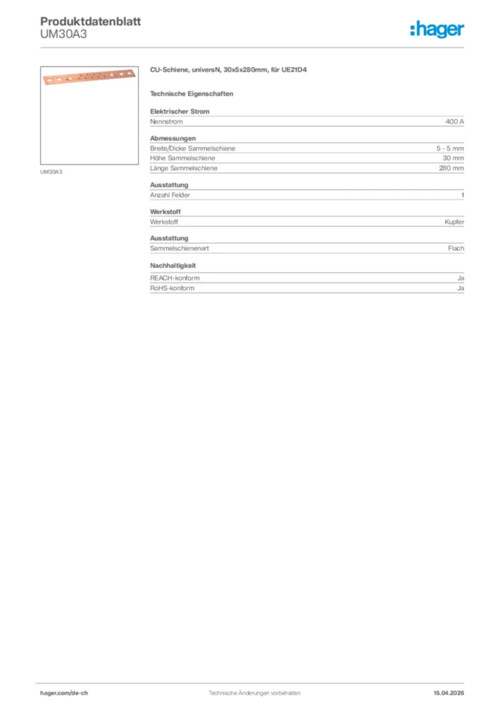 Bild Hager Produktdatenblatt UM30A3 | Hager Schweiz