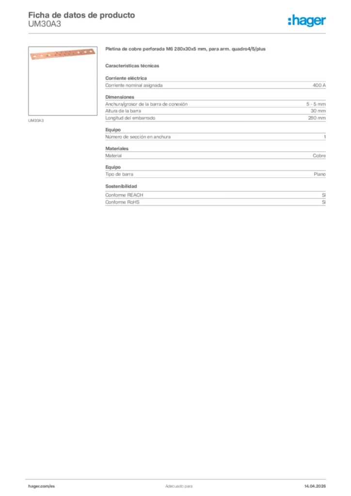 Imagen Hager Ficha de datos de producto UM30A3 | Hager España