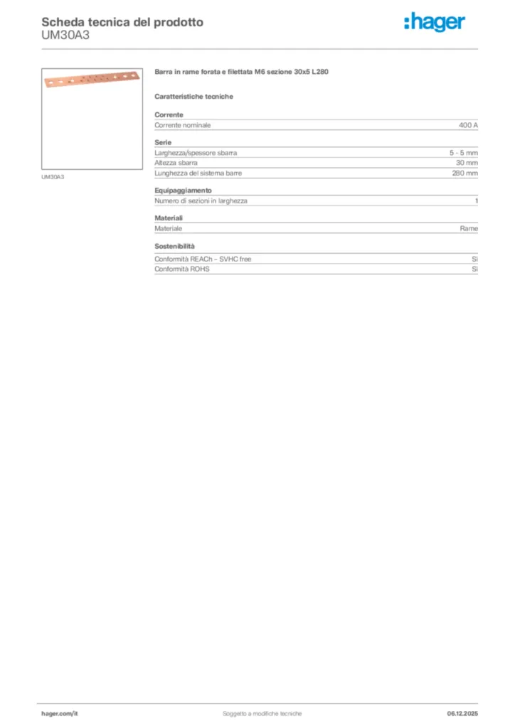 Immagine Hager Scheda tecnica del prodotto UM30A3 | Hager Italia