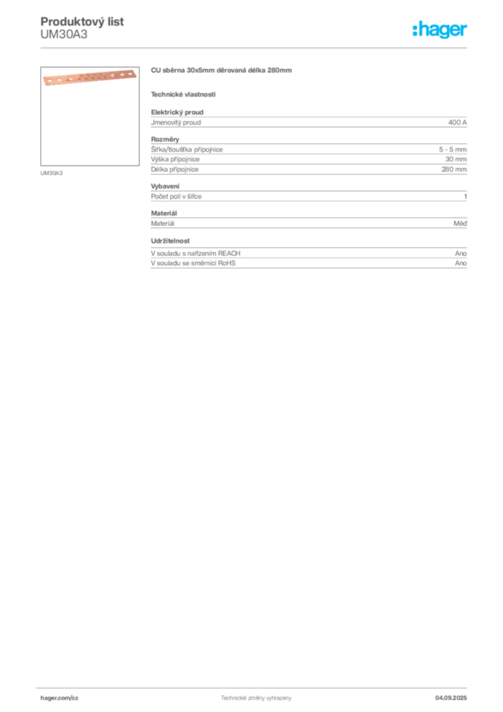 Obrázek Hager Produktový list UM30A3 | Hager