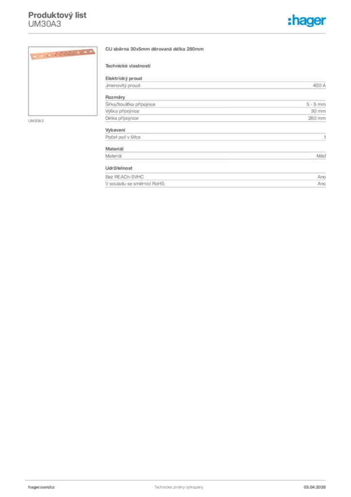 Obrázek Hager Product data sheet UM30A3 | Hager