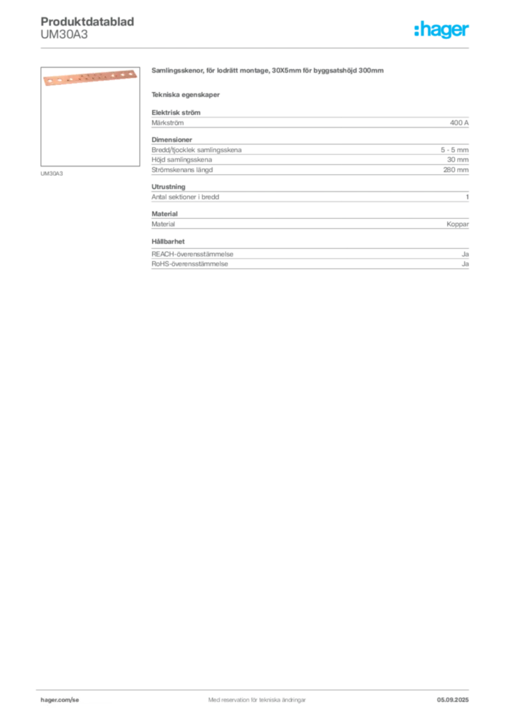 Bild Hager Produktdatablad UM30A3 | Hager Sverige