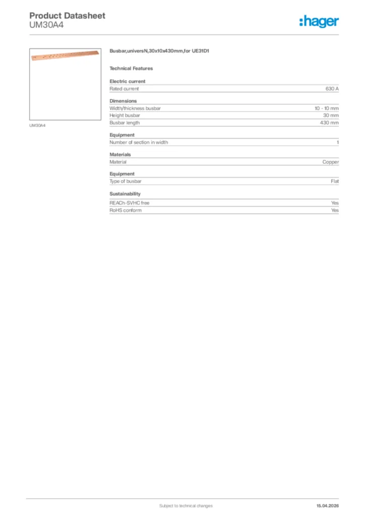 Image Hager Product data sheet UM30A4  | Hager Africa