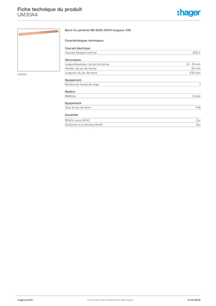 Image Hager Fiche technique du produit UM30A4 | Hager France