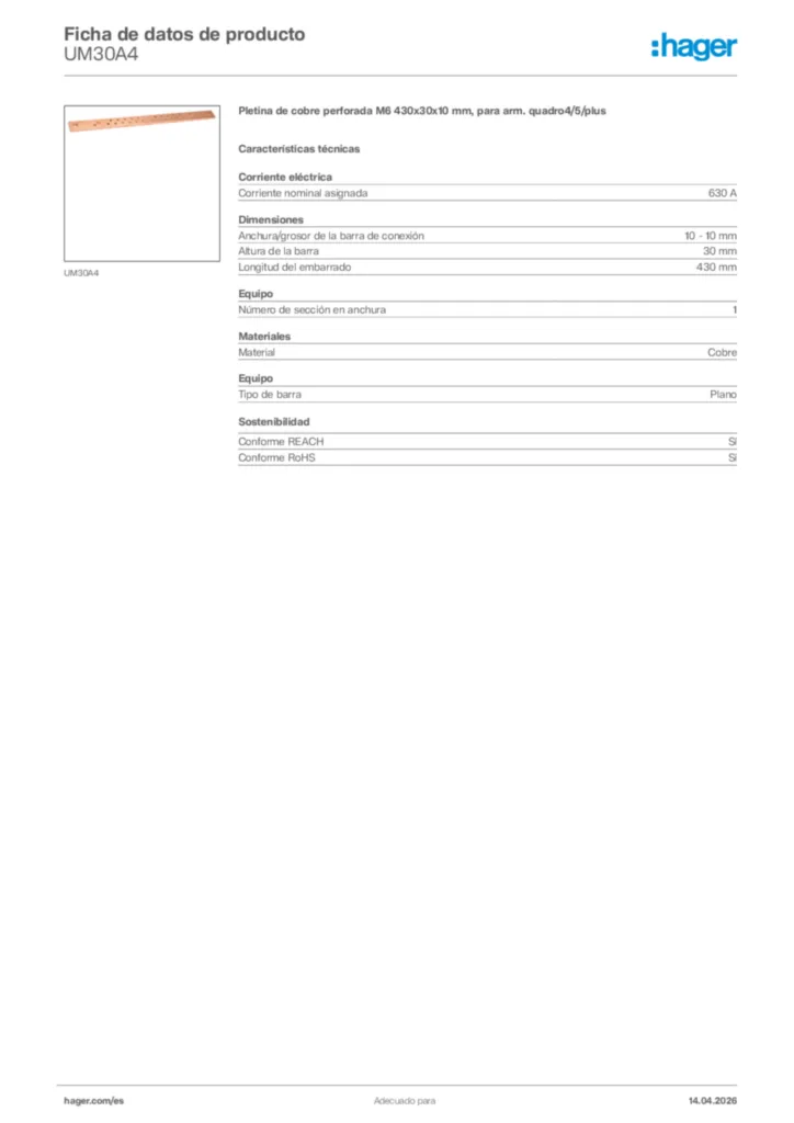 Imagen Hager Ficha de datos de producto UM30A4 | Hager España