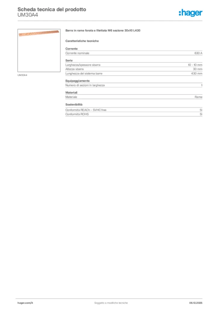 Immagine Hager Scheda tecnica del prodotto UM30A4 | Hager Italia