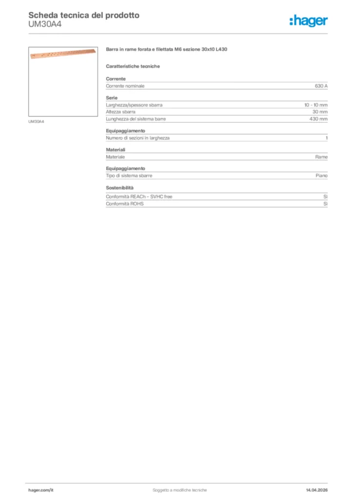 Immagine Hager Scheda tecnica del prodotto UM30A4 | Hager Italia