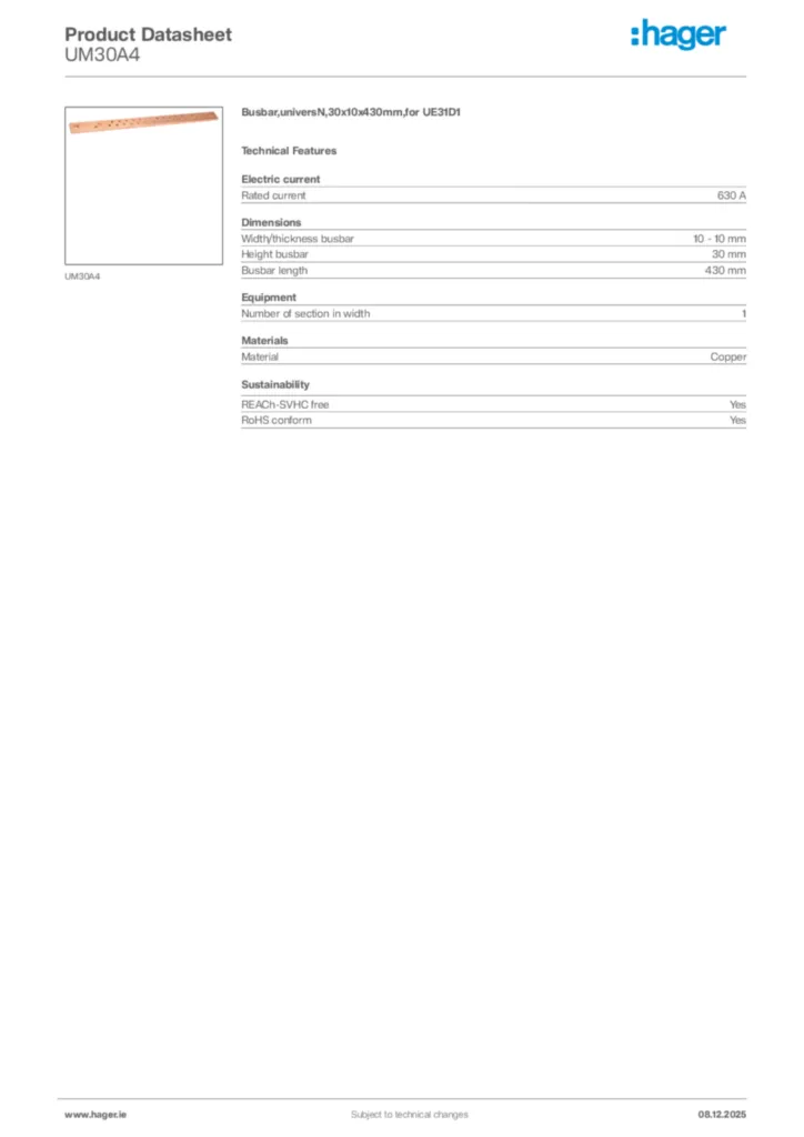 Image Hager Product data sheet UM30A4  | Hager