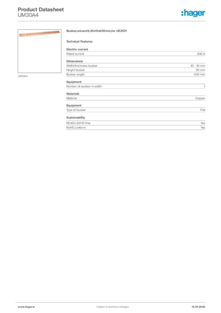 Image Hager Product data sheet UM30A4  | Hager