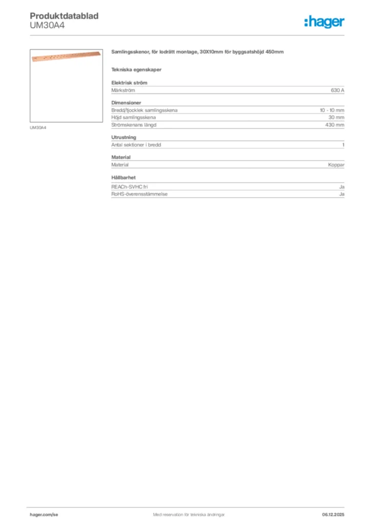 Bild Hager Produktdatablad UM30A4 | Hager Sverige