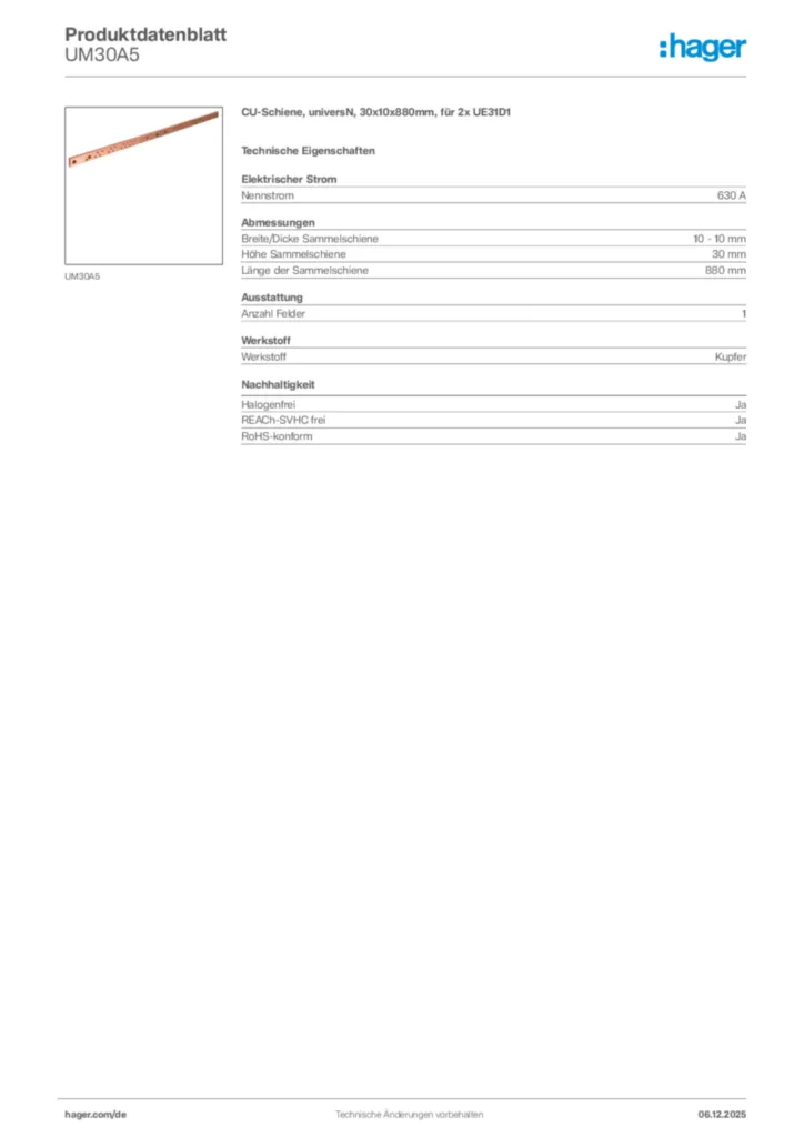 Bild Hager Produktdatenblatt UM30A5 | Hager Deutschland