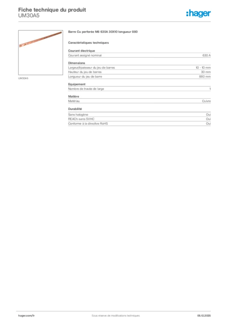 Image Hager Fiche technique du produit UM30A5 | Hager France