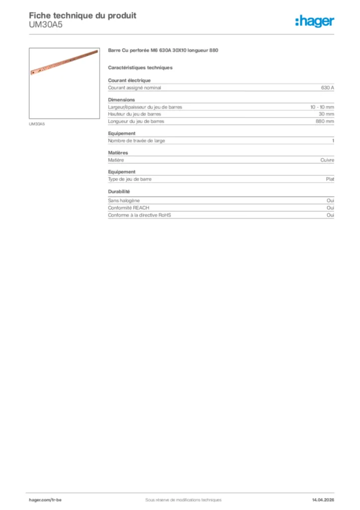 Image Hager Fiche technique du produit UM30A5 | Hager Belgique