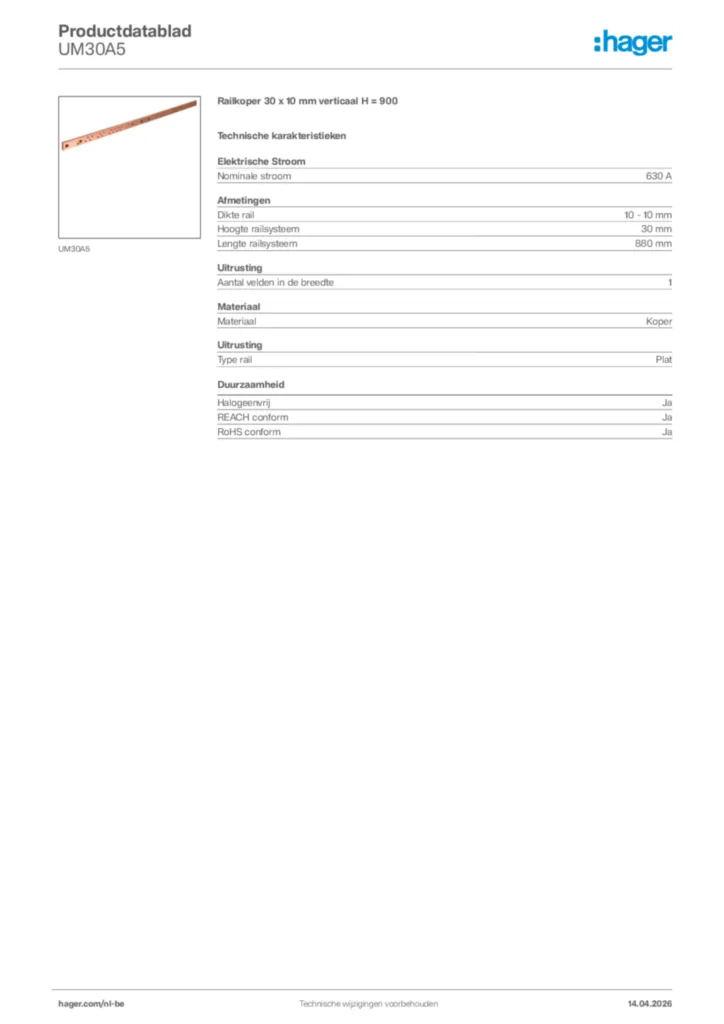 Afbeelding Hager Productdatablad UM30A5 | Hager Belgium
