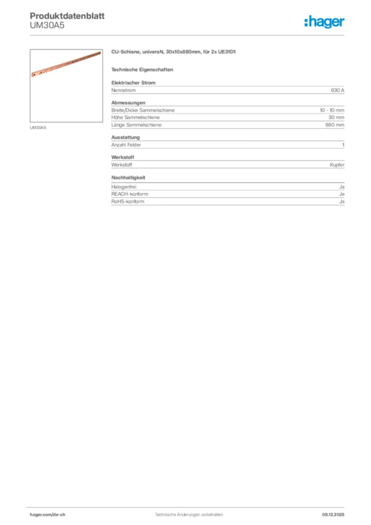 Bild Hager Produktdatenblatt UM30A5 | Hager Schweiz