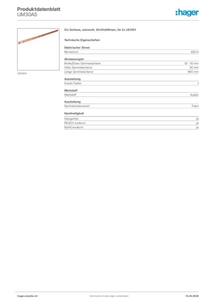 Bild Hager Produktdatenblatt UM30A5 | Hager Schweiz