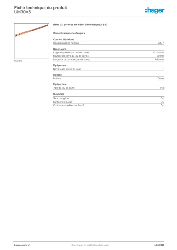 Image Hager Fiche technique du produit UM30A5 | Hager Suisse