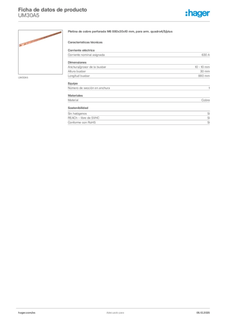Imagen Hager Ficha de datos de producto UM30A5 | Hager España