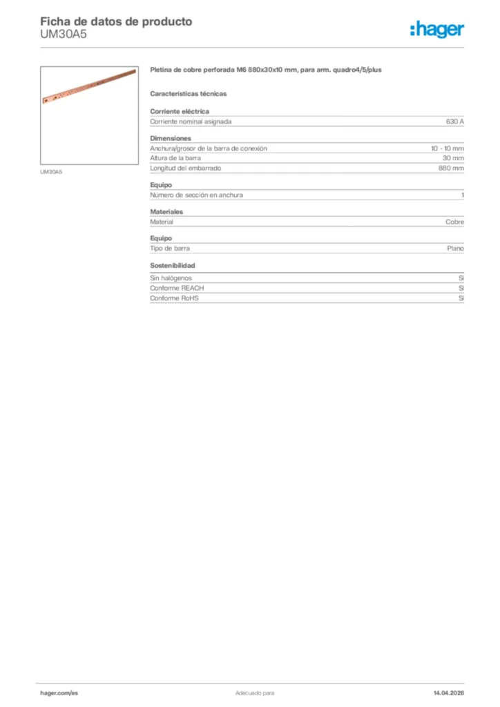 Imagen Hager Ficha de datos de producto UM30A5 | Hager España