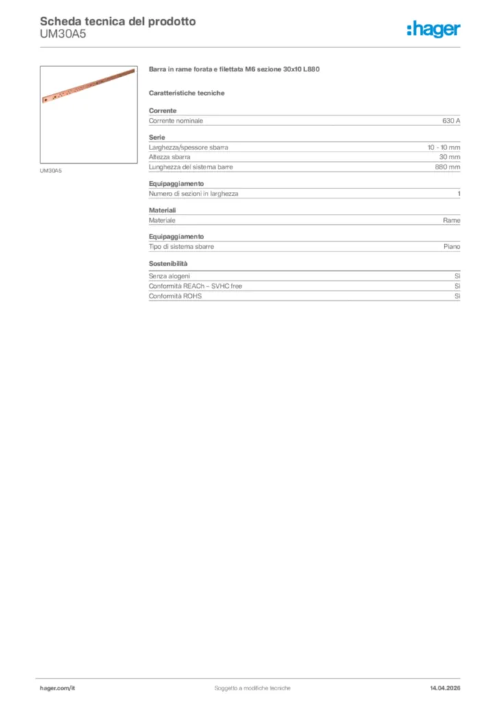 Immagine Hager Scheda tecnica del prodotto UM30A5 | Hager Italia