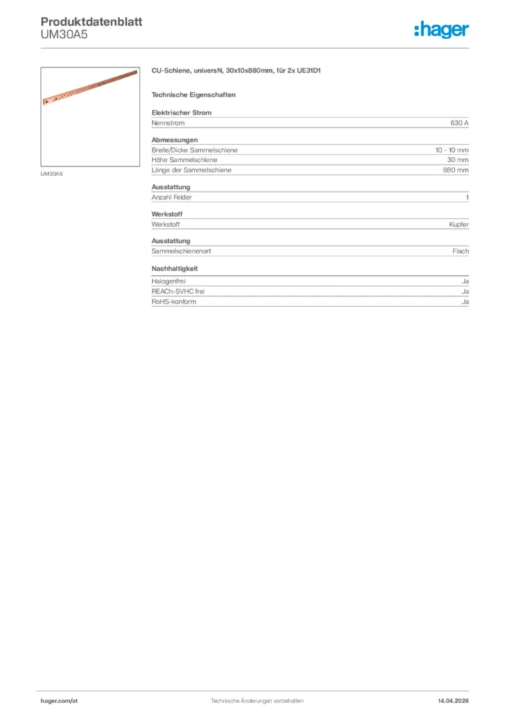Bild Hager Produktdatenblatt UM30A5 | Hager Deutschland
