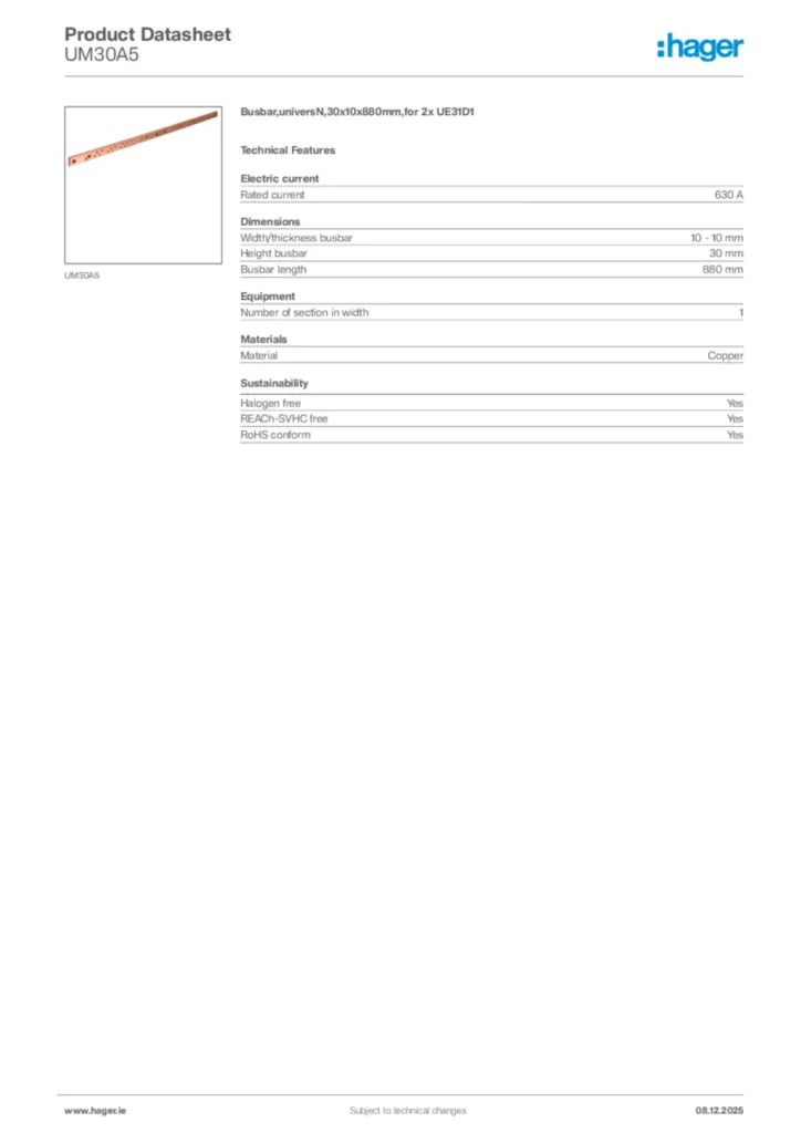 Image Hager Product data sheet UM30A5  | Hager