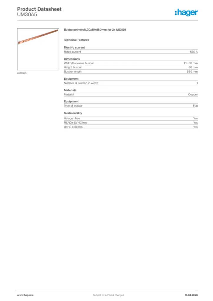 Image Hager Product data sheet UM30A5  | Hager