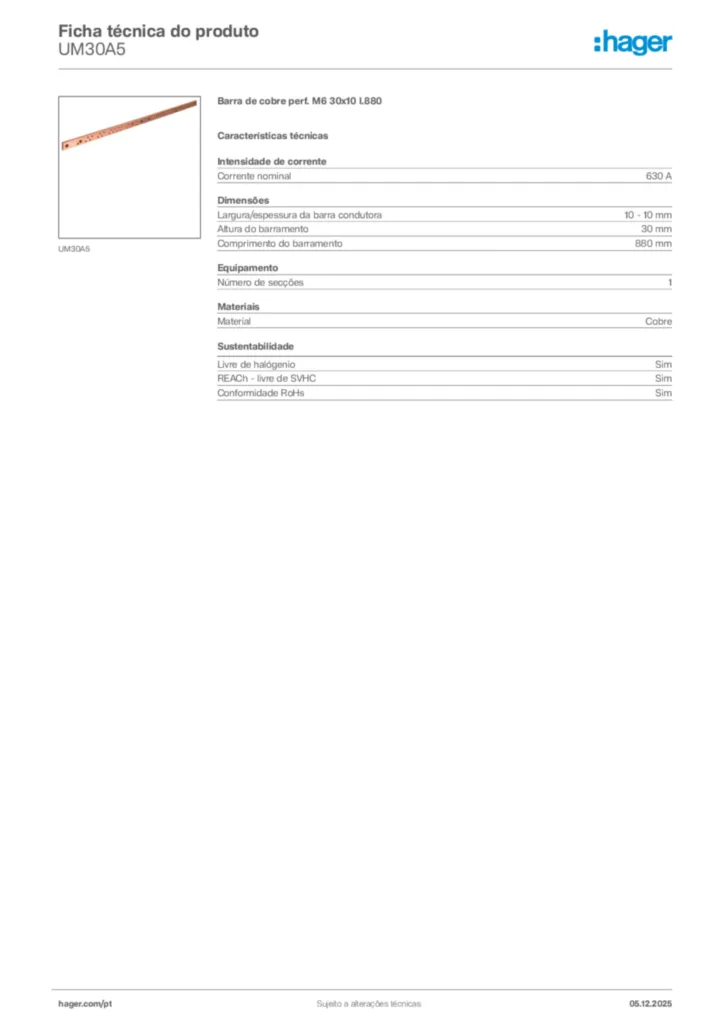 Imagem Hager Ficha técnica do produto UM30A5 | Hager Portugal