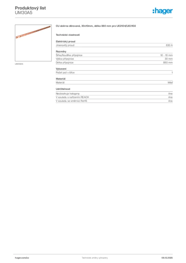 Obrázek Hager Product data sheet UM30A5 | Hager