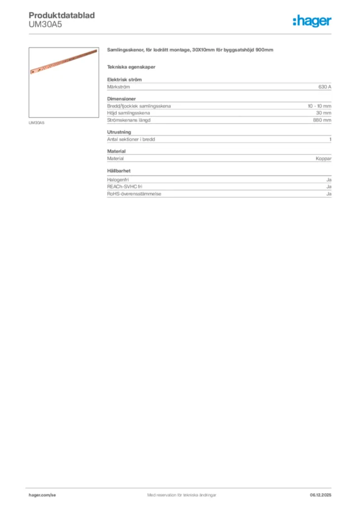 Bild Hager Produktdatablad UM30A5 | Hager Sverige