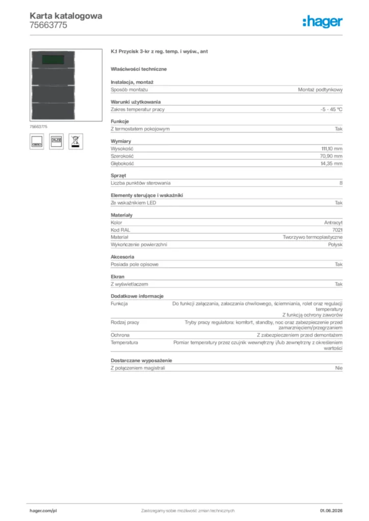 Zdjęcie Hager Karta katalogowa 75663775 | Hager Polska