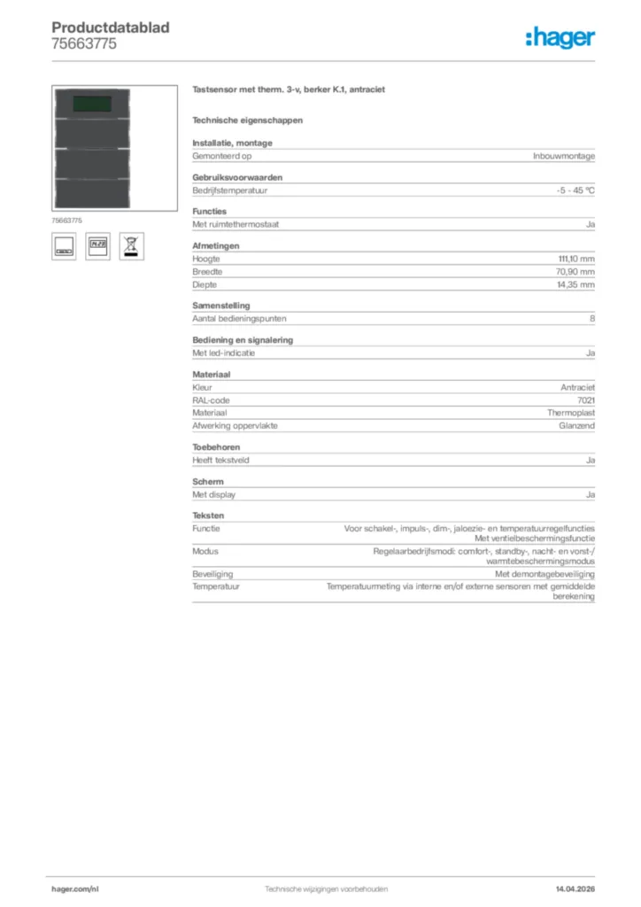 Afbeelding Hager Productdatablad 75663775 | Hager Nederland