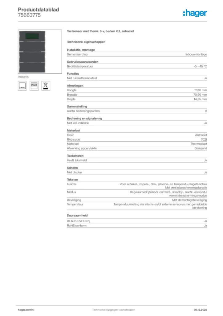 Afbeelding Hager Productdatablad 75663775 | Hager Nederland