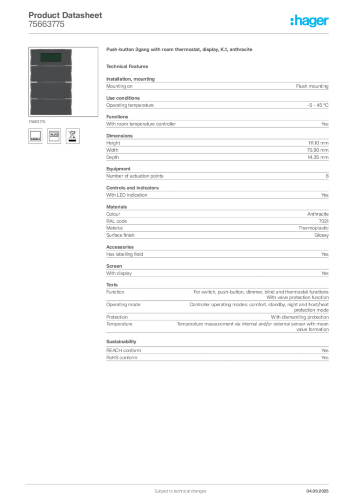 Image Hager Product data sheet 75663775  | Hager