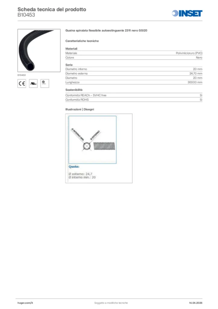 Immagine Inset Scheda tecnica del prodotto B10453 | Hager Italia