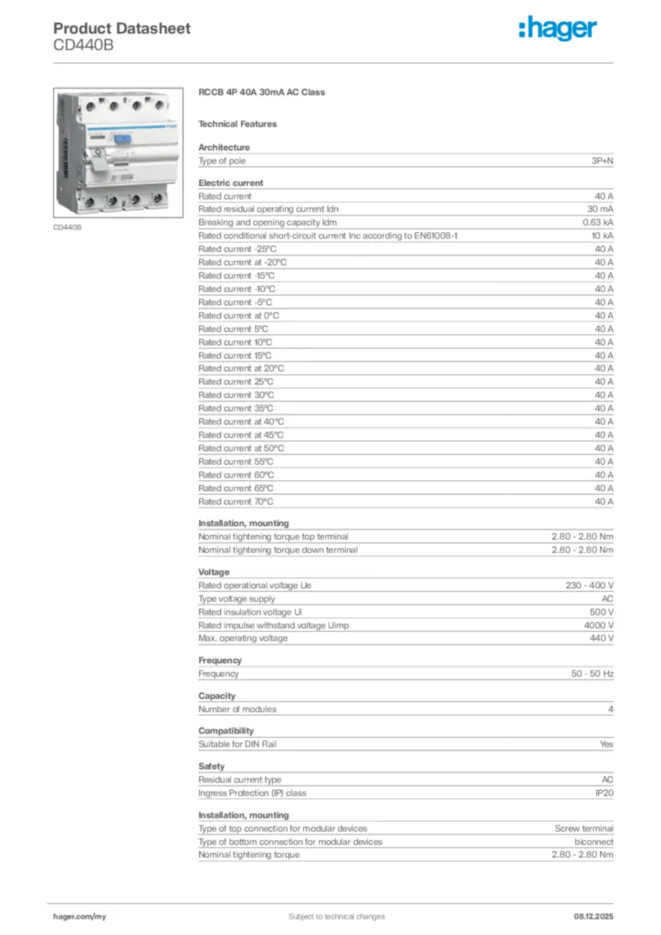 Image Hager Product data sheet CD440B  | Hager