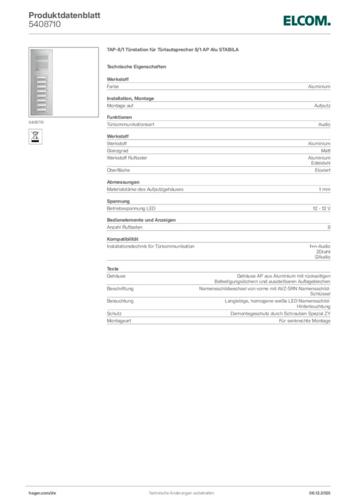 Bild Elcom Produktdatenblatt 5408710 | Hager Deutschland