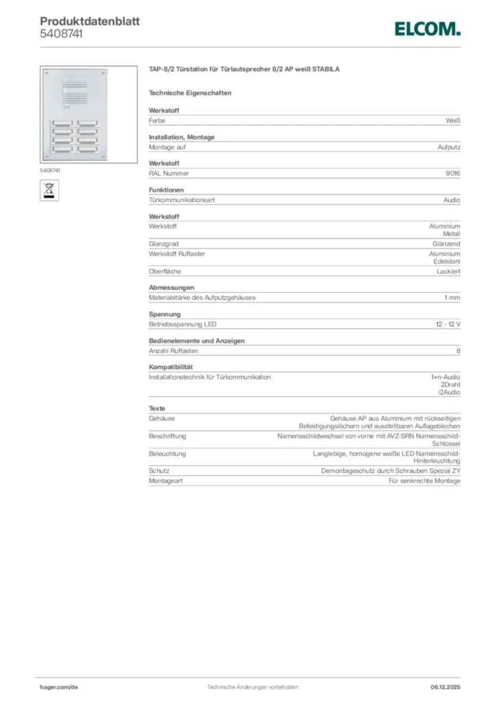 Bild Elcom Produktdatenblatt 5408741 | Hager Deutschland