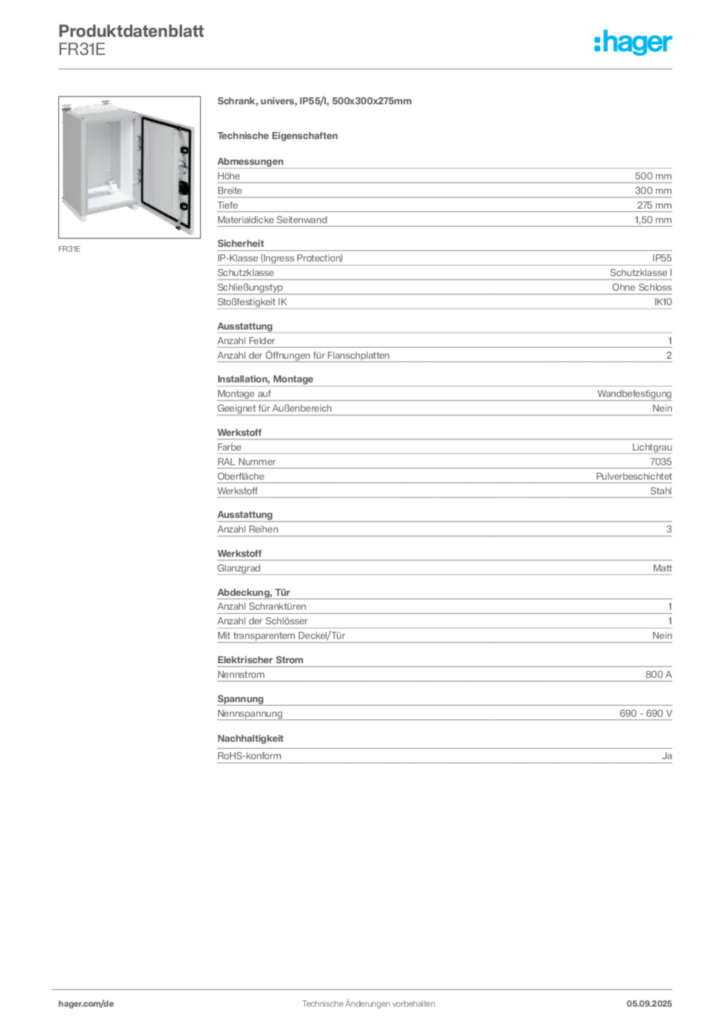 Bild Hager Produktdatenblatt FR31E | Hager Deutschland