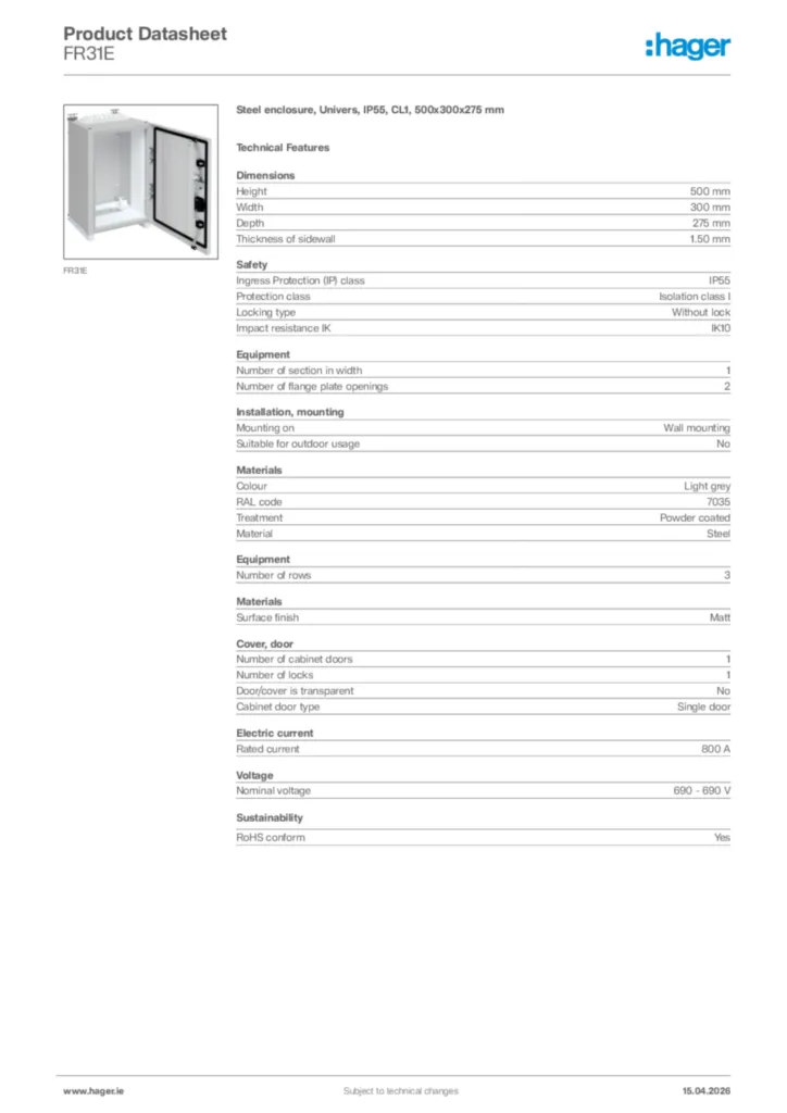 Image Hager Product data sheet FR31E  | Hager