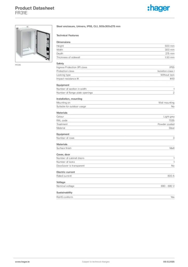 Image Hager Product data sheet FR31E  | Hager