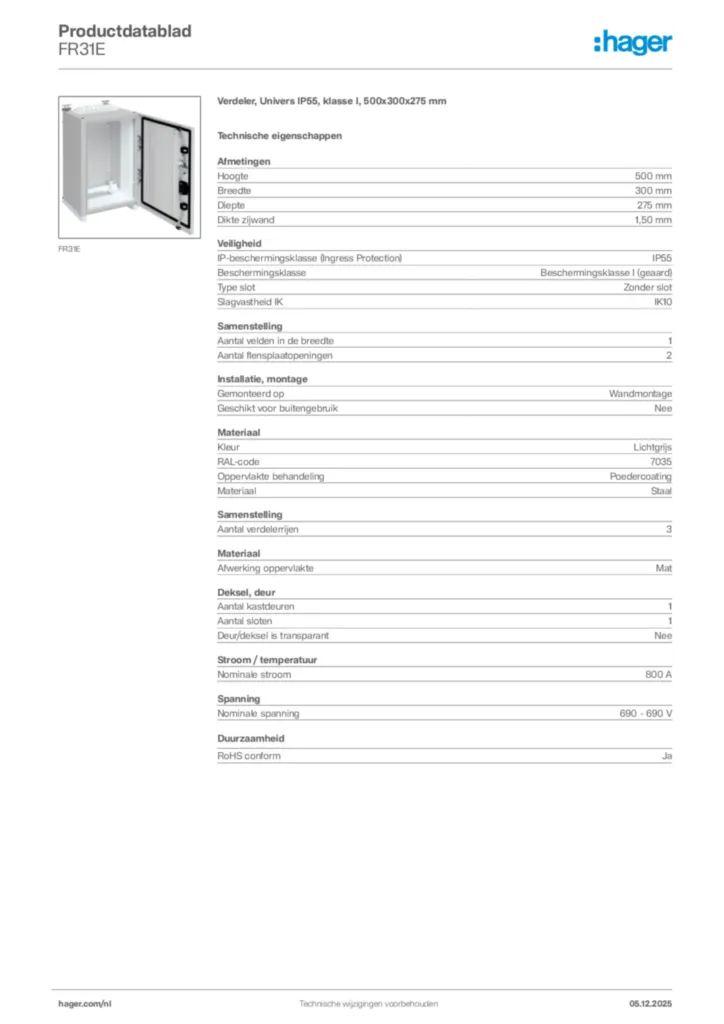 Afbeelding Hager Productdatablad FR31E | Hager Nederland