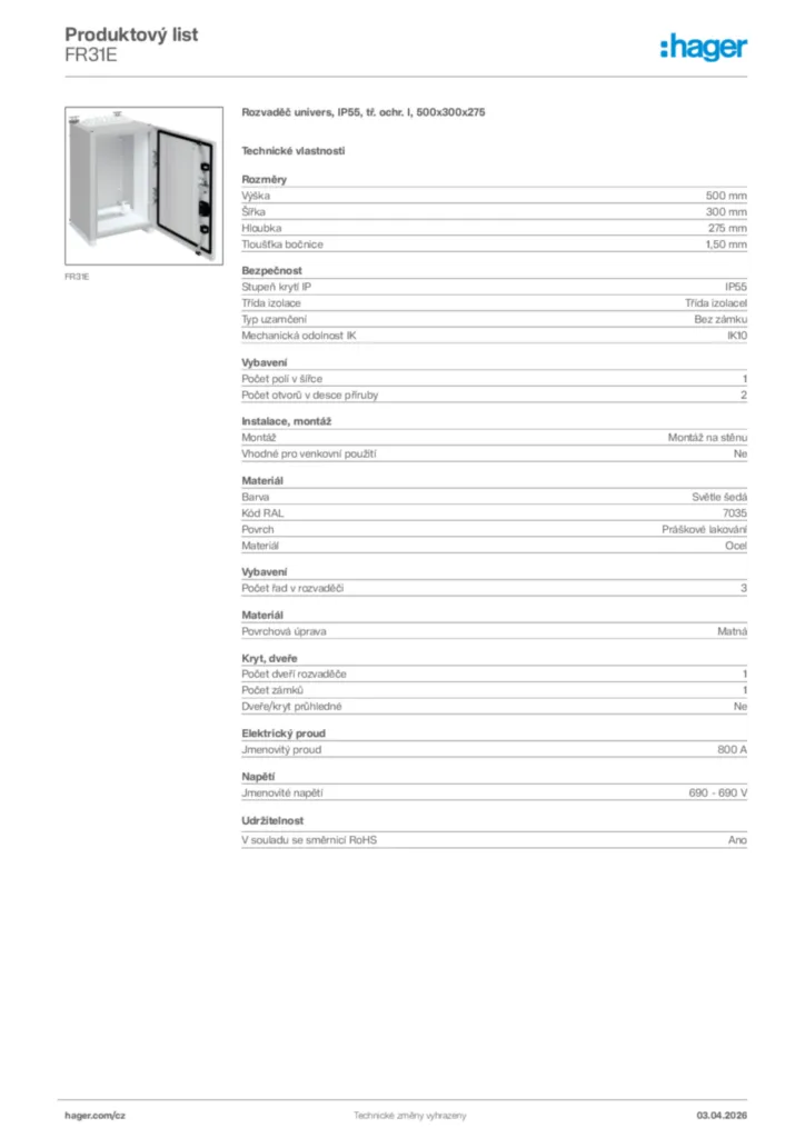 Obrázek Hager Product data sheet FR31E | Hager