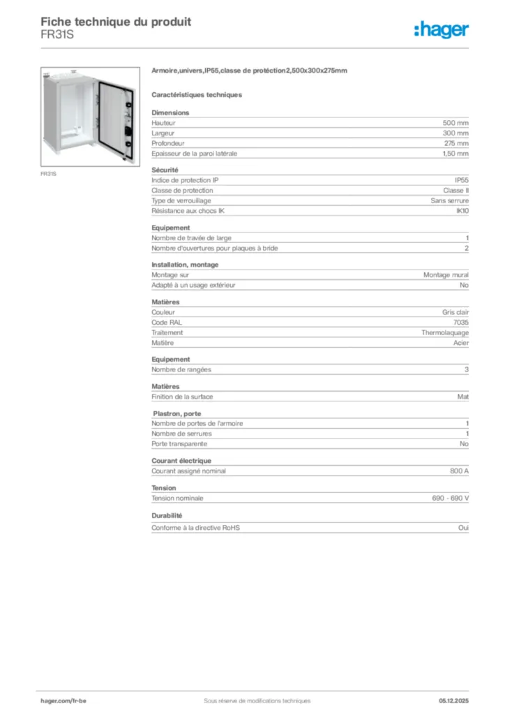 Image Hager Fiche technique du produit FR31S | Hager Belgique