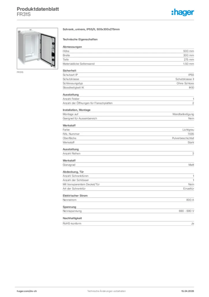 Bild Hager Produktdatenblatt FR31S | Hager Schweiz