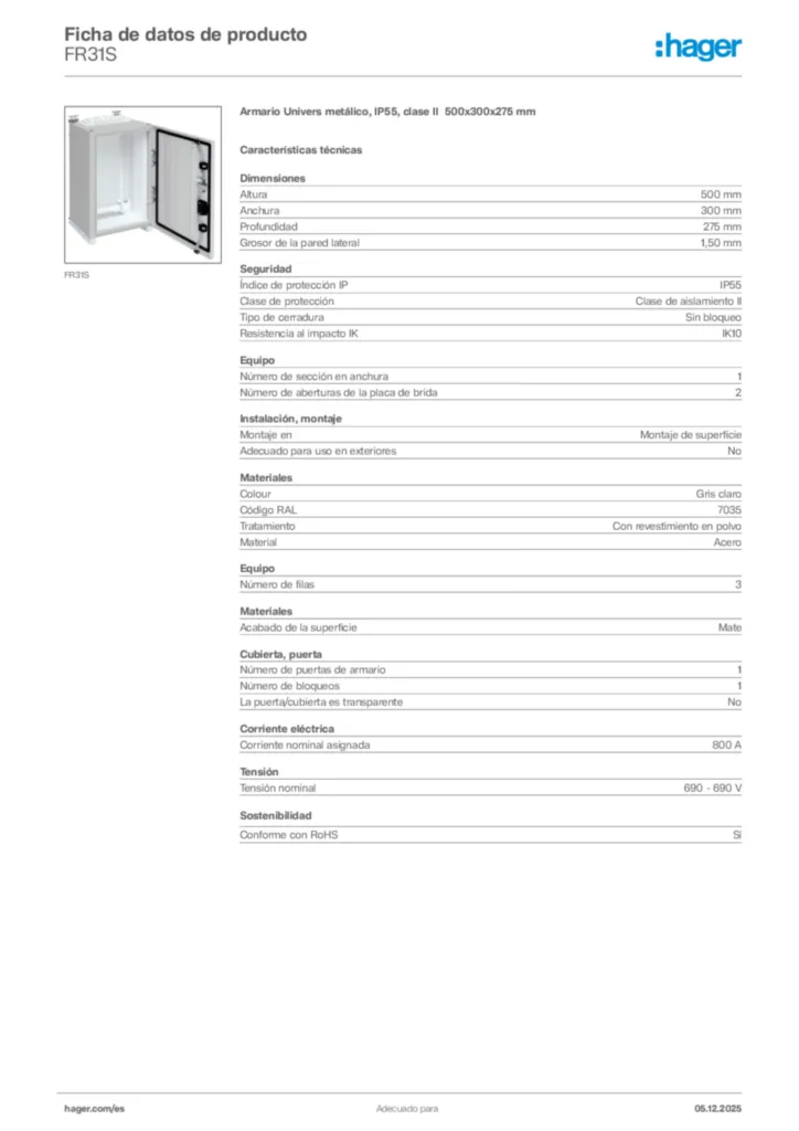 Imagen Hager Ficha de datos de producto FR31S | Hager España