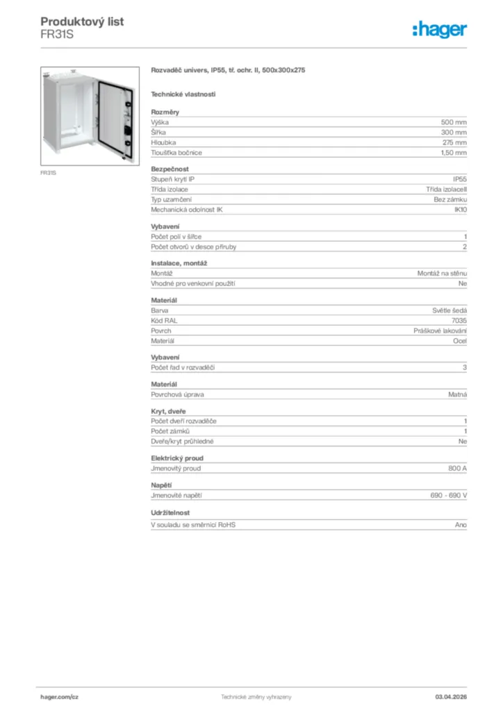 Obrázek Hager Product data sheet FR31S | Hager